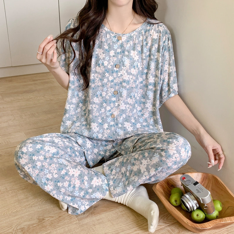 睡衣女款夏天2025年新款夏季短袖棉绸大码女士绵绸家居服两件套装
