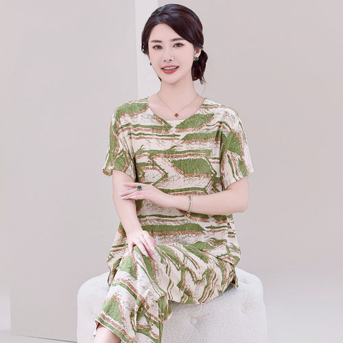 棉绸妈妈大码夏季短袖家居服套装