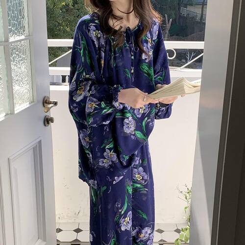 韩版棉绸睡衣女款春秋季高级感宽松大码长袖长裤家居服套装可外穿