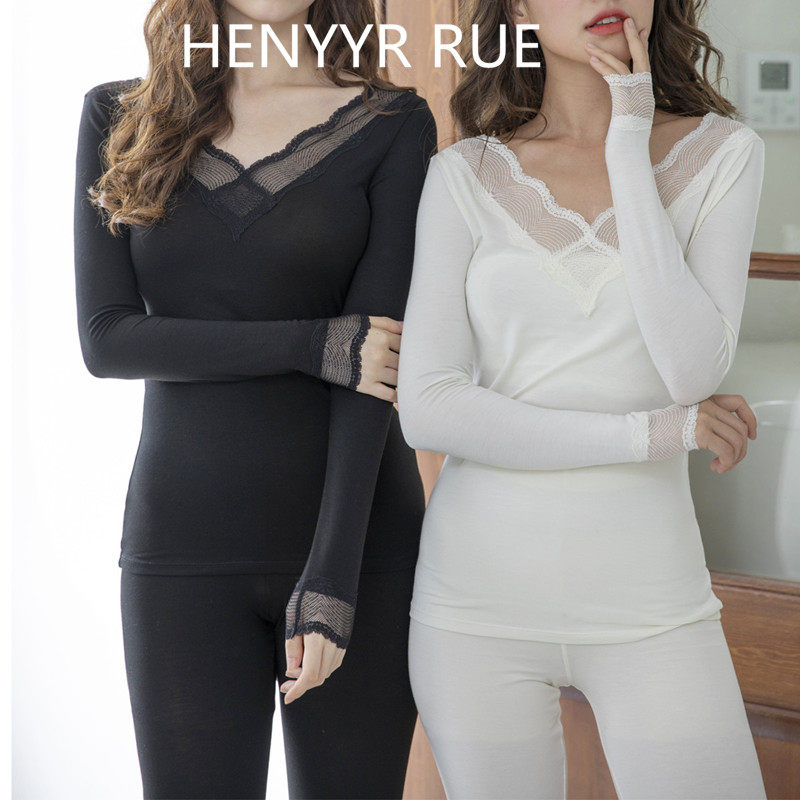 轻薄发热HENNY RUE打底套装 秋冬保暖衣高弹柔软蕾丝V领秋衣裤女,女士内衣/男士内衣/家居服,保暖套装,淘宝优惠券,粉丝福利购,淘宝优惠卷