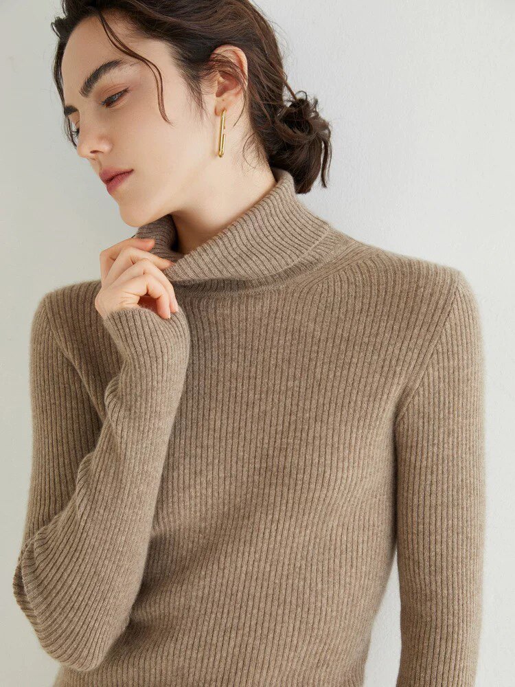 100%羊绒衫女士高翻领套头修身长袖纯山羊绒针织毛衣短款打底上衣