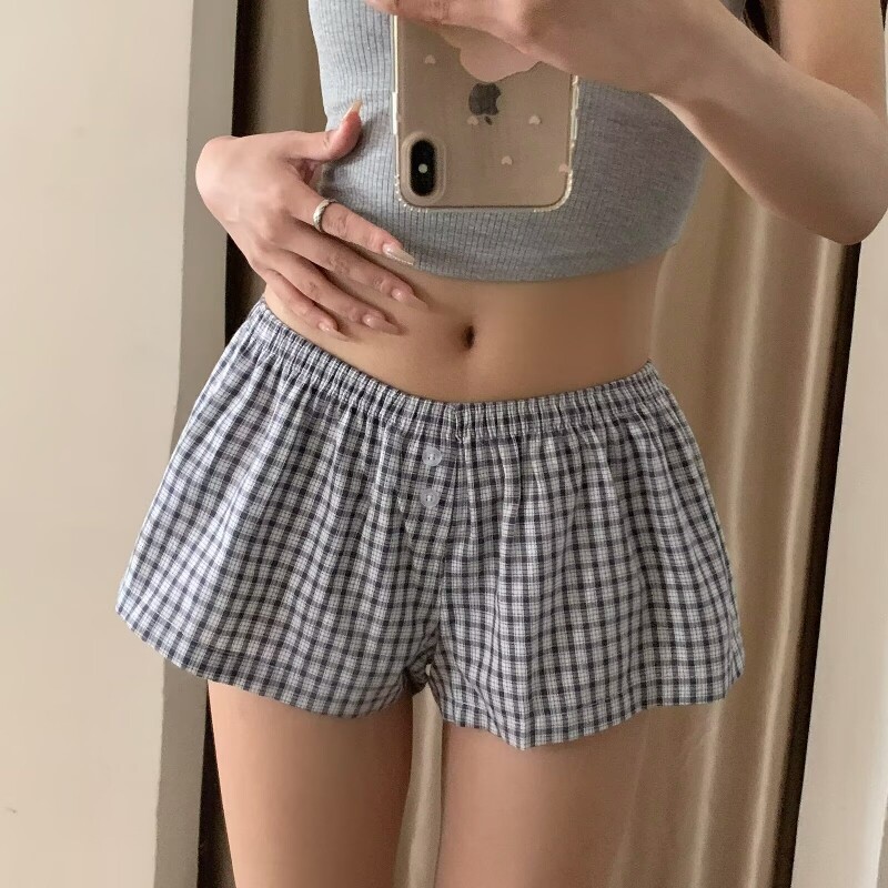 美式复古格子低腰短裤女夏季新款外穿显瘦松紧腰休闲居家阔腿热裤