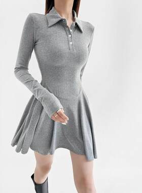 辣妹性感翻领长袖连衣裙a字短裙