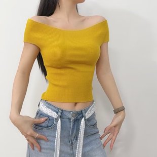 百搭显瘦短款 纯欲风修身 T恤女2025夏季 一字肩短袖 露肩上衣 针织衫