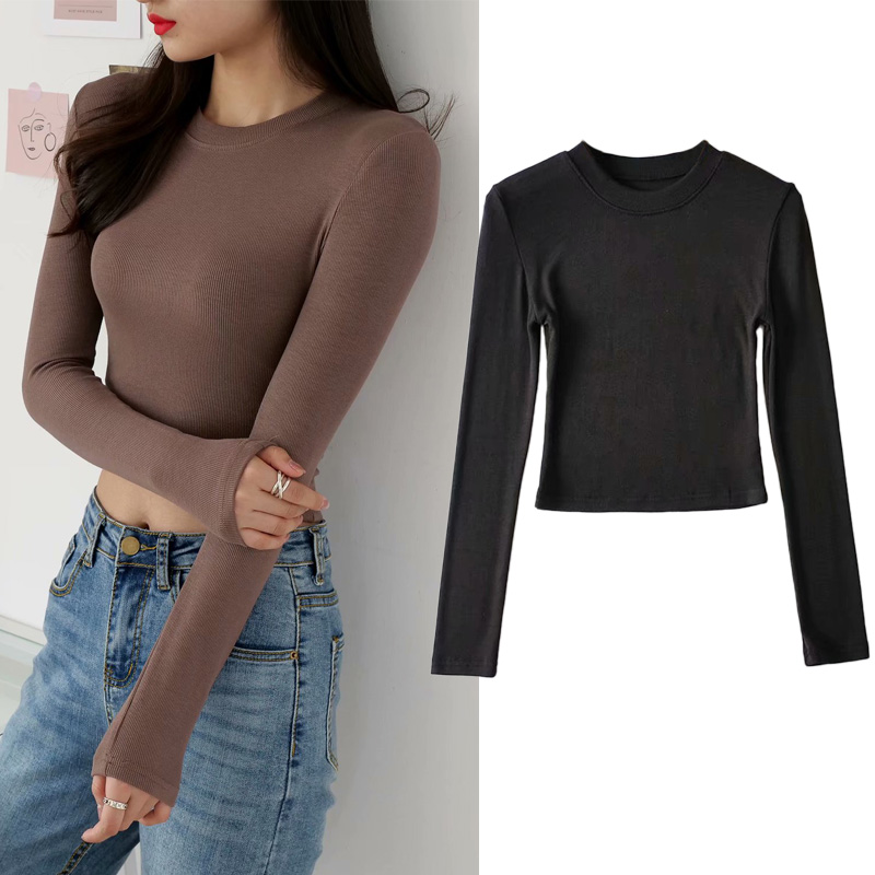 2021春装欧美风紧身短款小圆领T恤女弹力百搭高腰上衣长袖打底衫