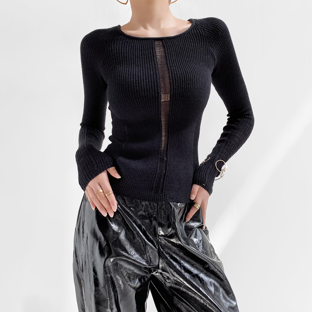 缕空透肉针织衫辣妹欧美风女秋季百搭修身显瘦设计感纯欲长袖上衣,女装/女士精品,毛针织衫,淘宝优惠券,粉丝福利购,淘宝优惠卷