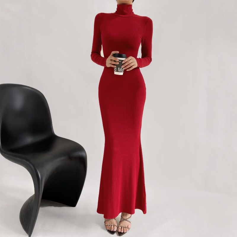 高领长袖鱼尾连衣裙紧身包臀长裙