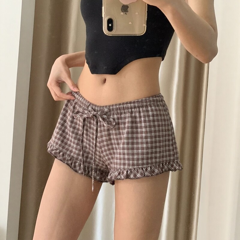 欧美宽松木耳边系带格子低腰短裤女夏外穿显瘦松紧腰居家阔腿热裤