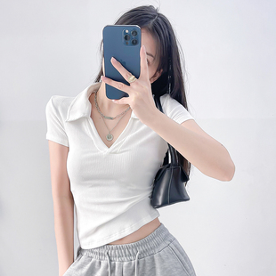 2023年短袖修身显瘦上衣polo领小衫体恤夏ins带领子辣妹短款T恤潮