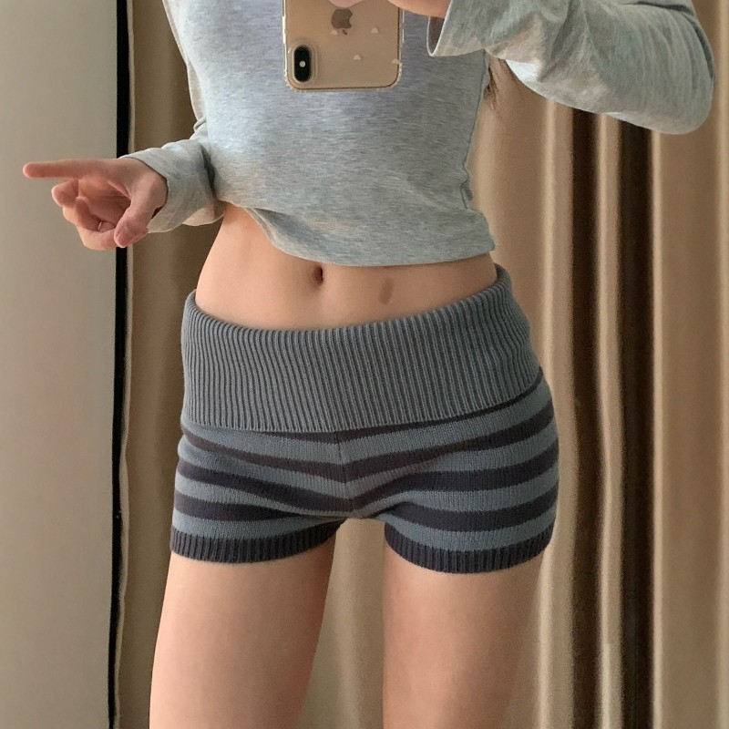 美式辣妹风条纹翻边针织短裤女春秋冬百搭显腿长外穿包臀热裤休闲,女装/女士精品,短裤,淘宝优惠券,粉丝福利购,淘宝优惠卷