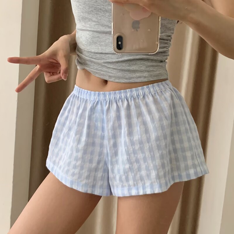 BM感美式宽松蓝格子提花短裤女夏季松紧腰休闲居家显瘦阔腿热裤
