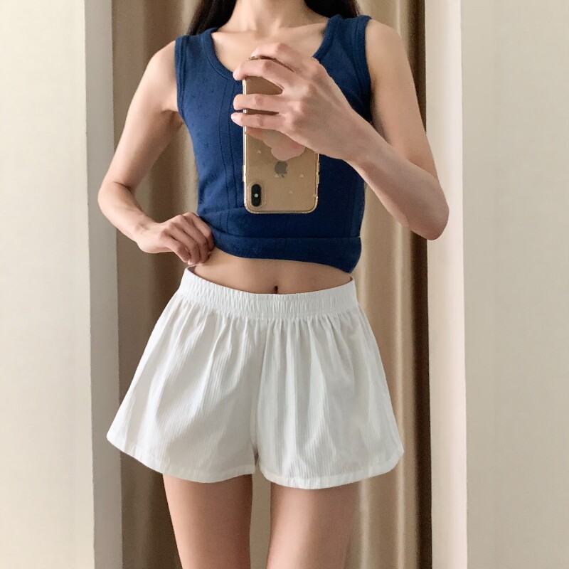 白色松紧腰阔腿短裤女2026夏季欧美宽松显瘦外穿休闲居家运动热裤
