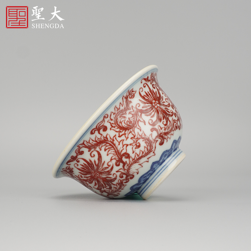 贵红窑青花釉里红凤尾草压手杯景德镇全手工茶具主人杯茶盏品茗杯