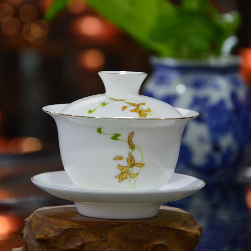 包邮洋脂瓷陶瓷白玉兰散装盖碗茶功夫茶具