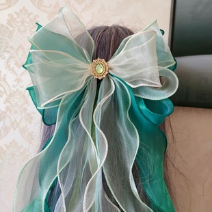 超大绿色蝴蝶结发饰洛丽塔仙气头饰飘带汉服后压后脑勺lolita发夹