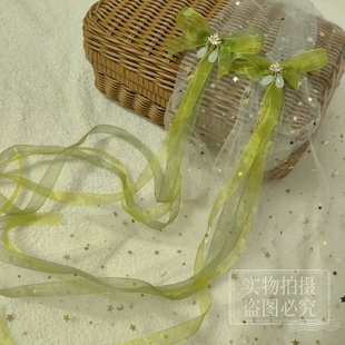 超仙气绿色蝴蝶结发饰汉服手工发夹长飘带边夹鸭嘴夹古风配饰头饰