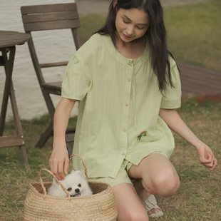 新款 短裤 朵朵可可睡衣女夏季 提花纯棉花边短袖 家居服 薄款 甜美套装