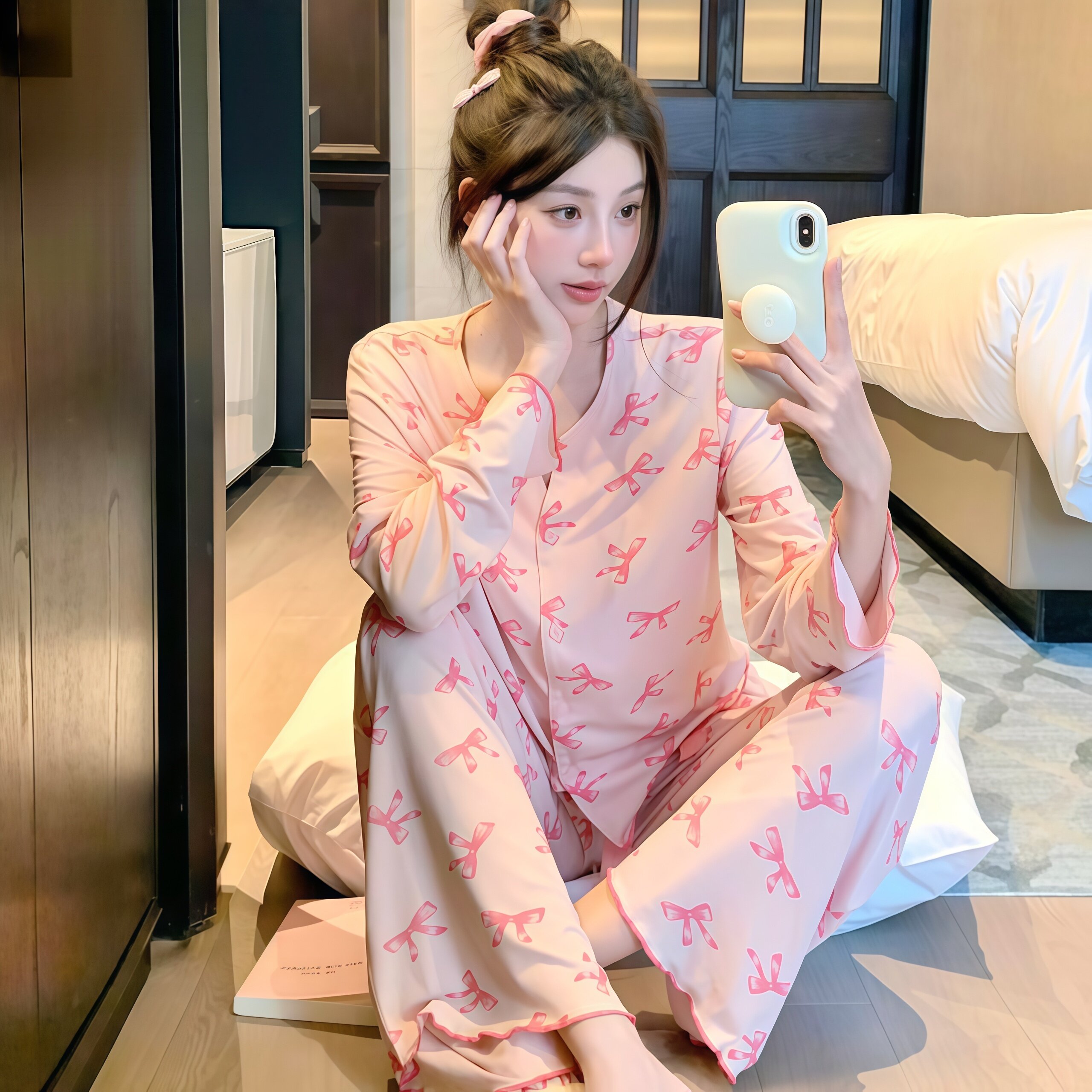 2026新款冰丝螺纹睡衣女春秋薄款长袖长裤开衫带胸垫可外穿家居服