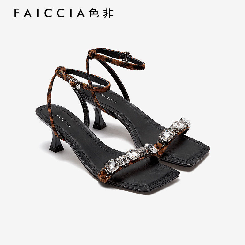 色非高级感水钻高跟鞋女2025年夏季新款气质方头一字带细跟凉鞋女