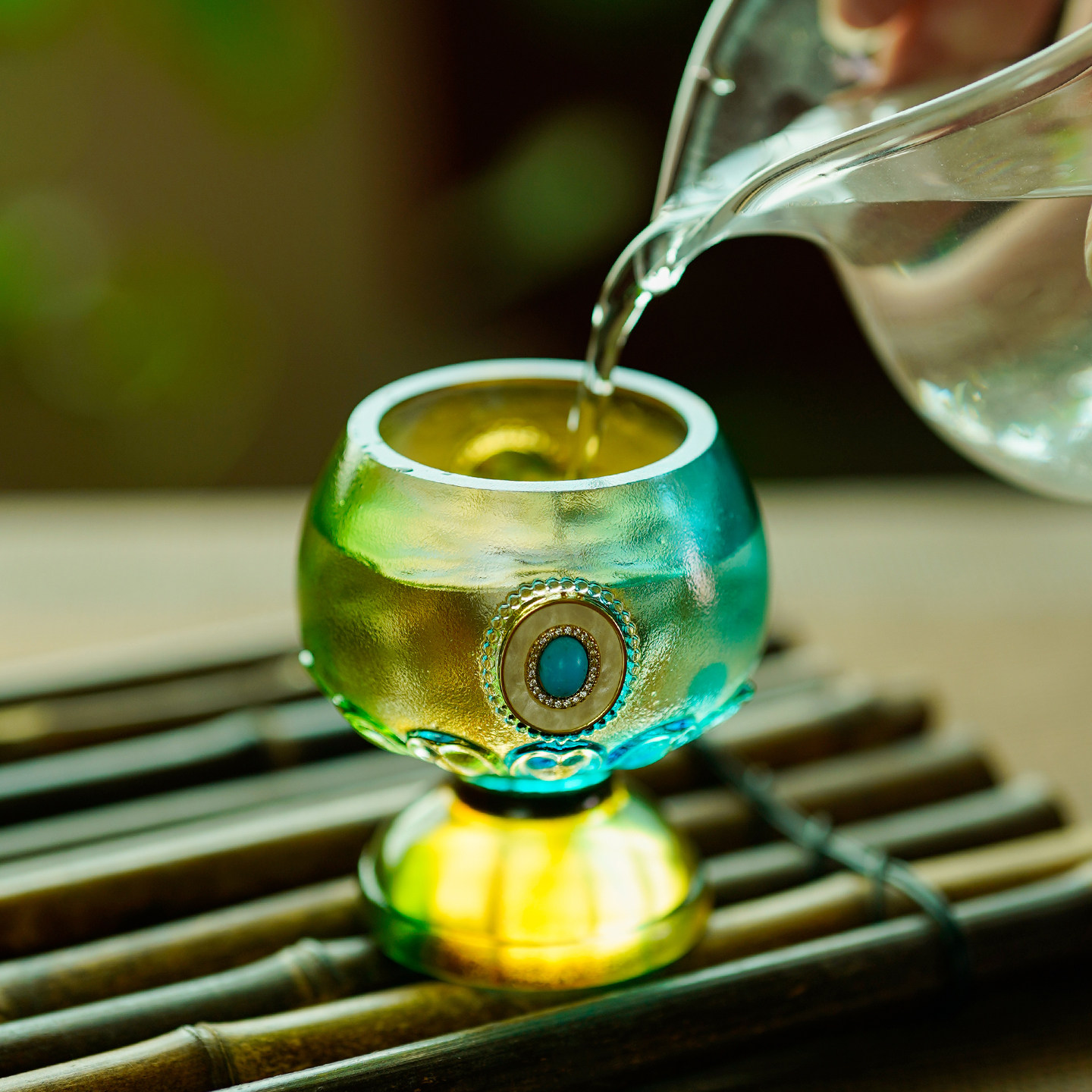 琉璃青荷莲韵杯家用客厅桌面摆件供水杯佛前供杯荷花净水杯工艺品