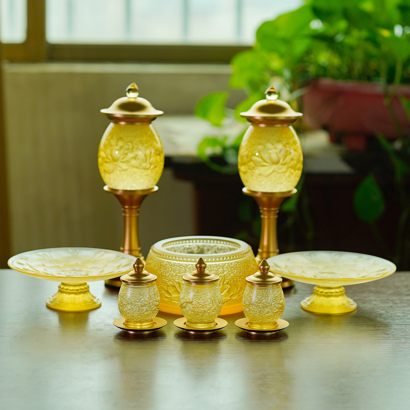 琉璃莲花供奉套装香炉果盘供水杯供灯家用客厅摆件中式供奉摆设