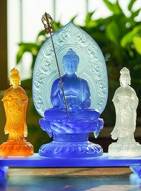 古法琉璃东方三圣佛像供奉摆件