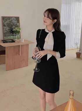现货~韩国东大门飘带连衣裙 女春夏小香风蝴蝶结系领小个子短裙