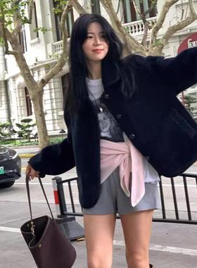 modest mood韩国羊羔毛翻领外套气质复古短款系扣毛毛夹克女