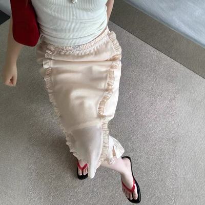 【现货】ribbonbit韩国木耳边半身裙甜美少女风高腰垂感中长裙女