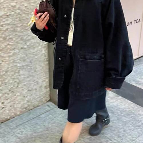 Ethos韩国翻领牛仔外套25年春季新款简约休闲中长款宽松系扣夹克