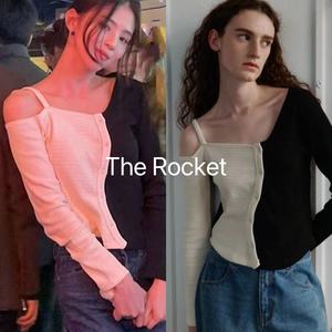 【现货】韩国正品the rocket韩素希同款露肩针织衫不规则拼色上衣