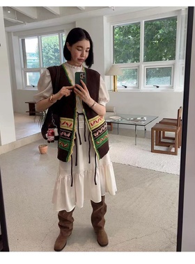 【现货】韩国helder拼色系带针织马甲复古民族风宽松无袖开衫