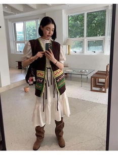 【现货】韩国helder拼色系带针织马甲复古民族风宽松无袖开衫