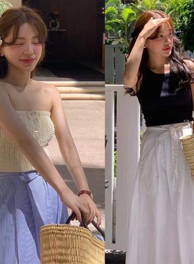 韩国withoutsummer条纹腰间系带半身裙休闲宽松高腰长款半裙