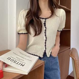 bonne chance韩国荷叶袖针织开衫甜美花边前排扣设计短袖上衣女