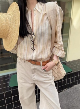 韩国Helder竖条纹亚麻衬衫简约慵懒复古宽松单排扣长袖衬衣女