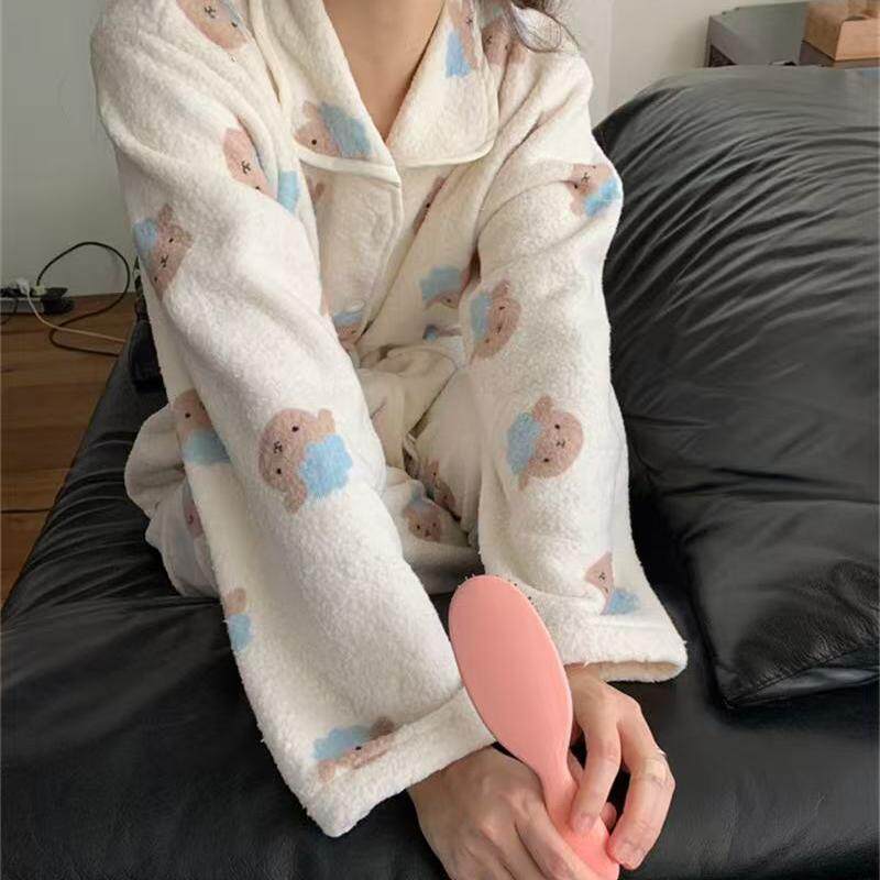 【现货】章若楠同款韩国东大门动物印花睡衣可爱毛绒家居服套装女