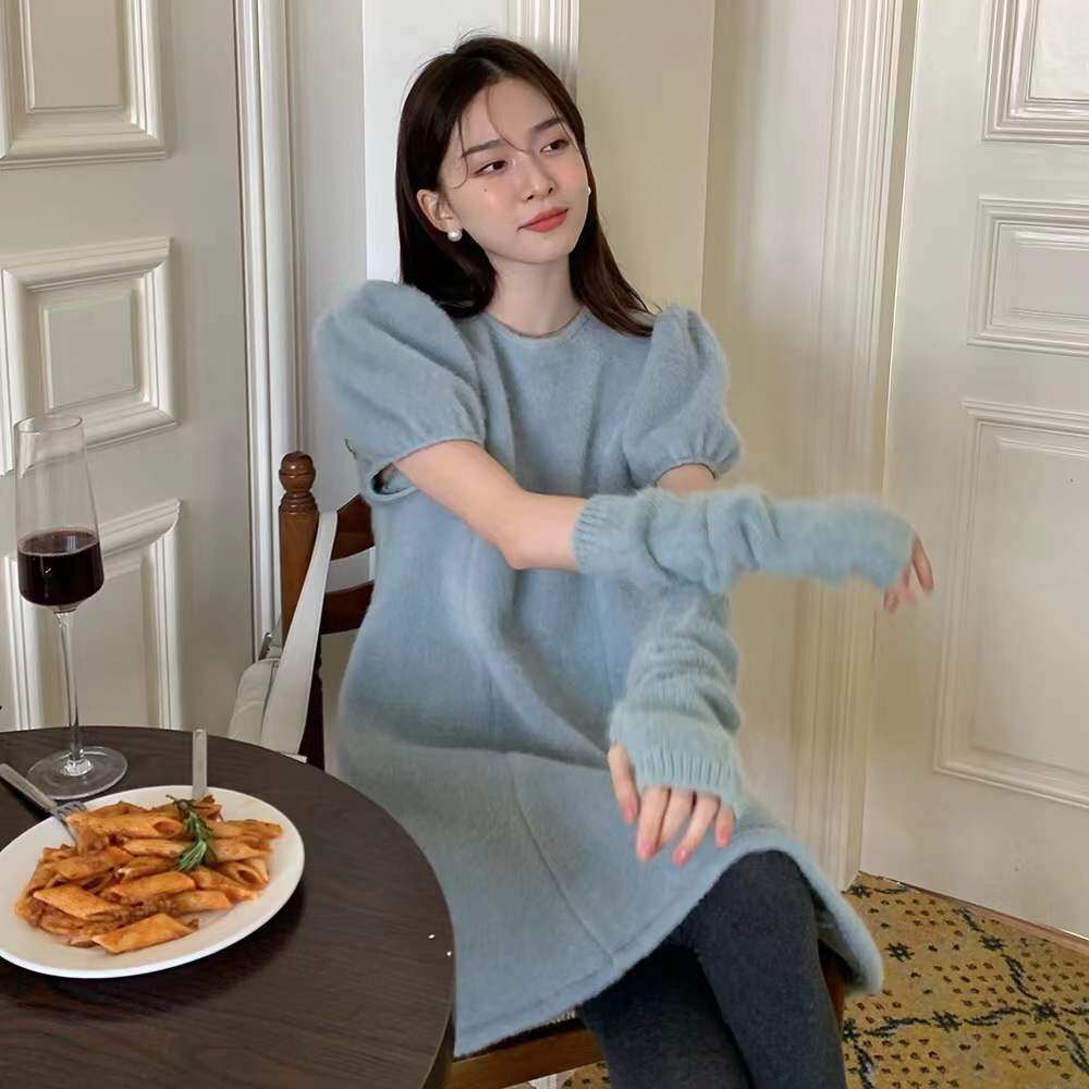 现货~韩国东大门泡泡袖连衣裙复古显瘦带袖套娃娃短裙