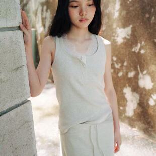 monoha韩国圆领针织背心两件套蕾丝拼接极简高腰垂感阔腿长裙女