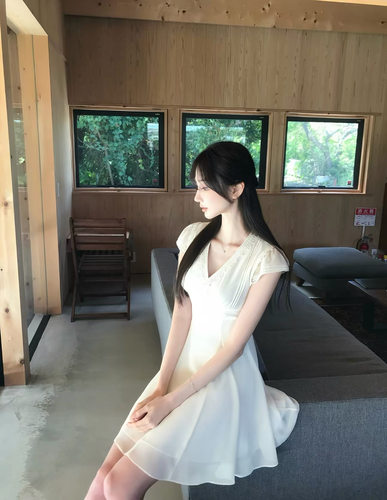 【小白花】微透连衣裙labelleblanc小清新泡泡袖v领雪纺连衣裙