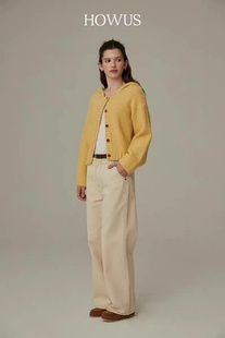 韩国howus华夫格连帽针织外套简约慵懒风系扣长袖毛衣开衫女