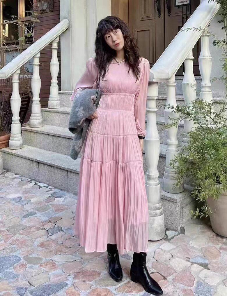 【现货】韩国正品tyche褶皱长袖连衣裙气质珠光亮面纯色网纱长裙