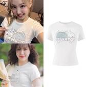 现货 韩国glowny孙胜完同款 可爱兔子印花T恤修身 短袖 上衣