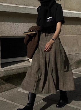 韩国feminique格纹百褶中长裙气质复古侧系扣高腰A字半身裙女