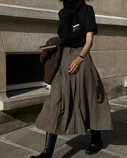 韩国feminique格纹百褶中长裙气质复古侧系扣高腰A字半身裙女