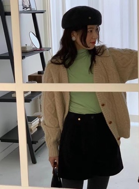 韩国modest mood麻花针织开衫气质复古V领软糯系扣毛衣外套女