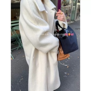 Ribbonbit韩国双面羊毛大衣高级感简约气质时尚中长款翻领外套女