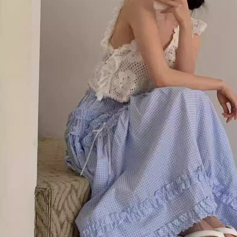【现货】mulcup韩国蕾丝花边拼接半身裙甜美减龄蝴蝶结蛋糕裙长裙
