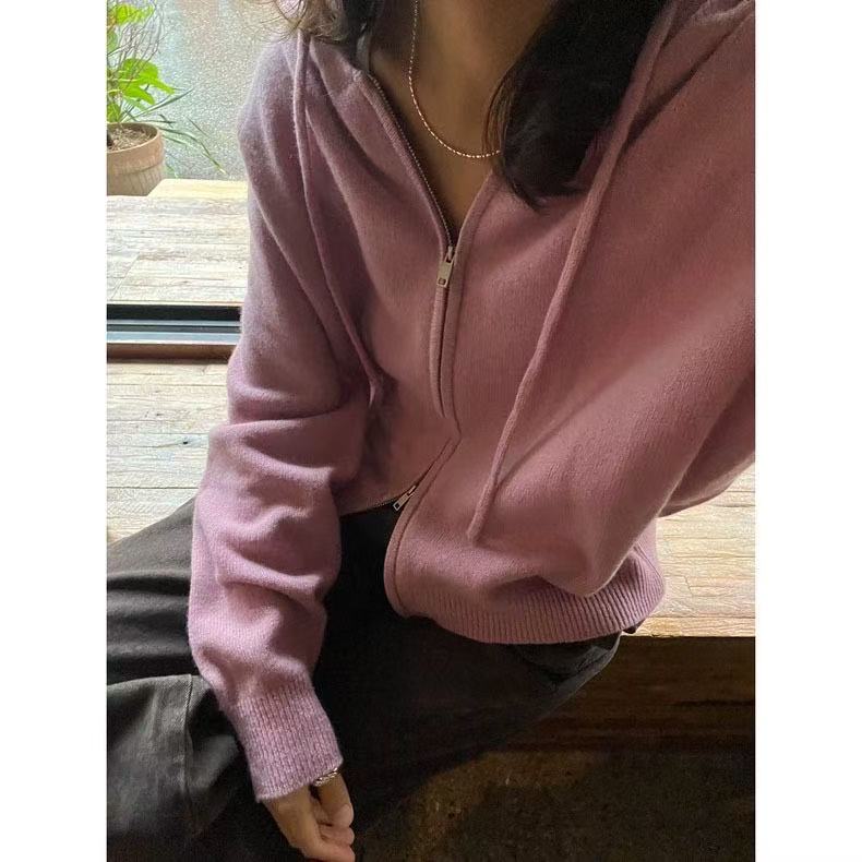 MUCH MORE韩国连帽针织开衫宽松休闲圣诞跨年抽绳设计薄款羊毛衫