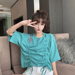 Real price Korean loose drawstring hollow stitching fake two t-shirts